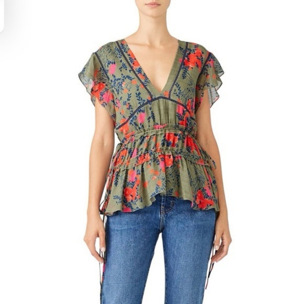 Tanya Taylor Anita Flutter Sleeve 100% Silk Olive Blouse with Floral Pattern